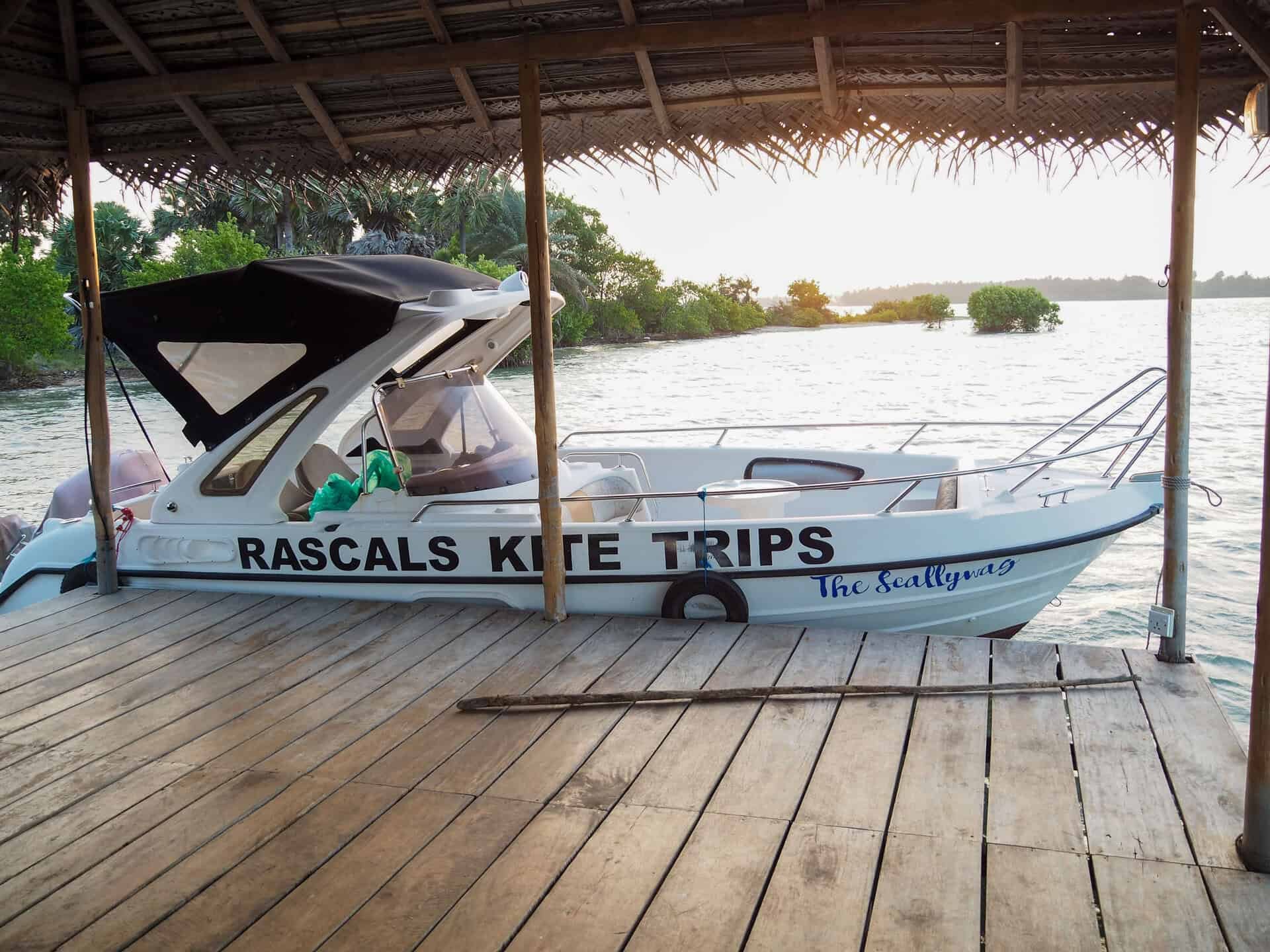 Speedboat by the jetty at Rascals Kite Resort in Kalpitiya