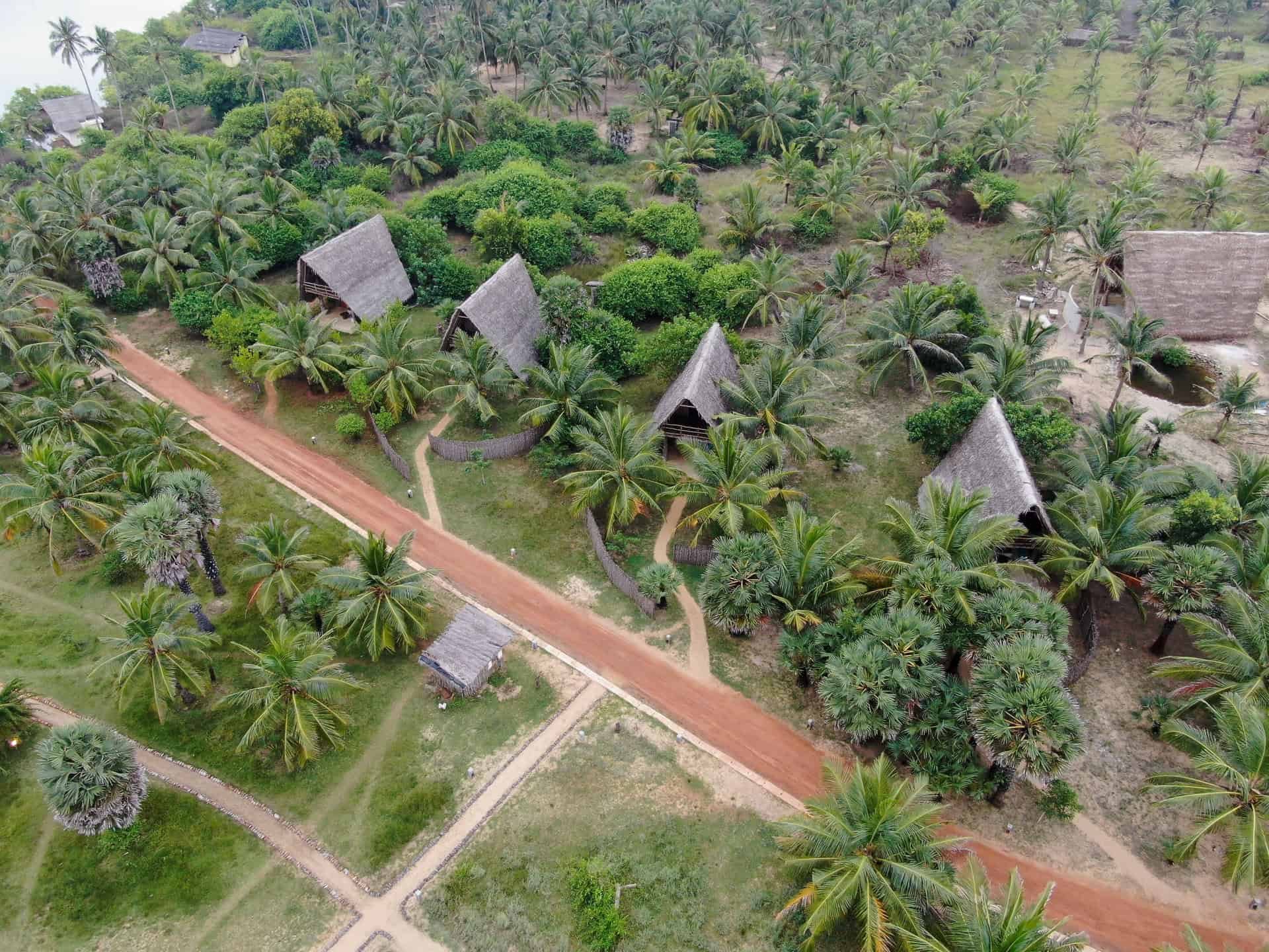 A drone shot of eco lux cabanas at Elements Kite Resort in Kalpitiya, Sri Lanka