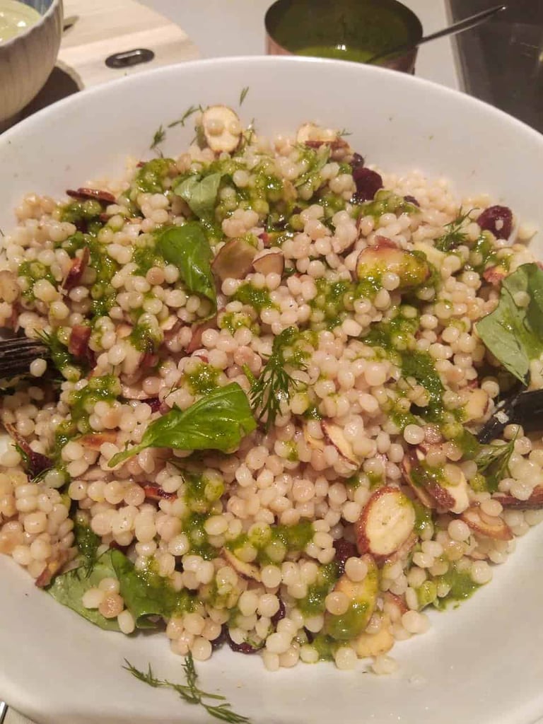 Vegetarian giant couscous with cranberries, almonds and a coriander oil // Travel Mermaid