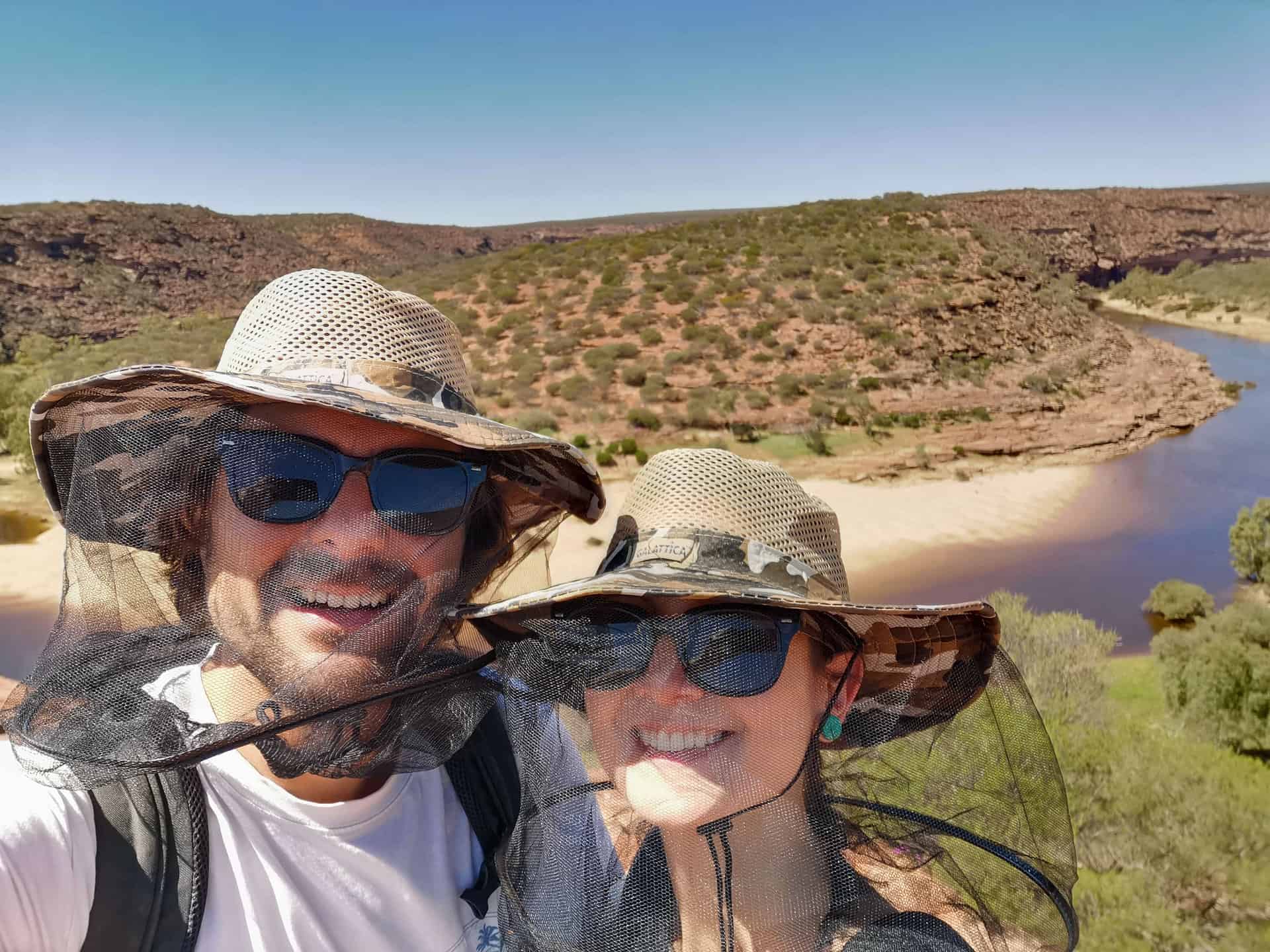 The Sailor and I wearing netted hats at Kalbarri National Park