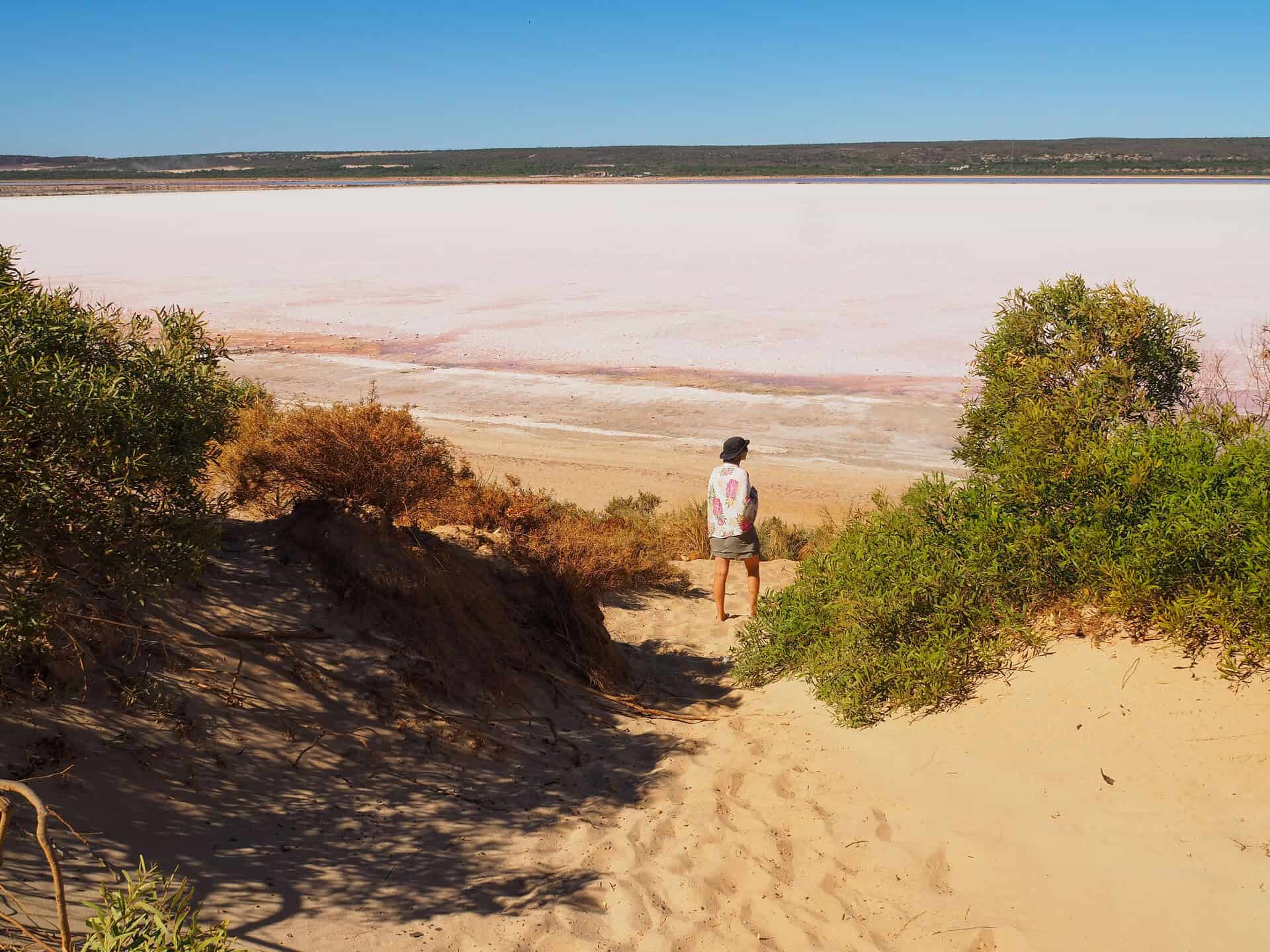 Walking out onto Hutt Lagoon, the pink lake near Kalbarri