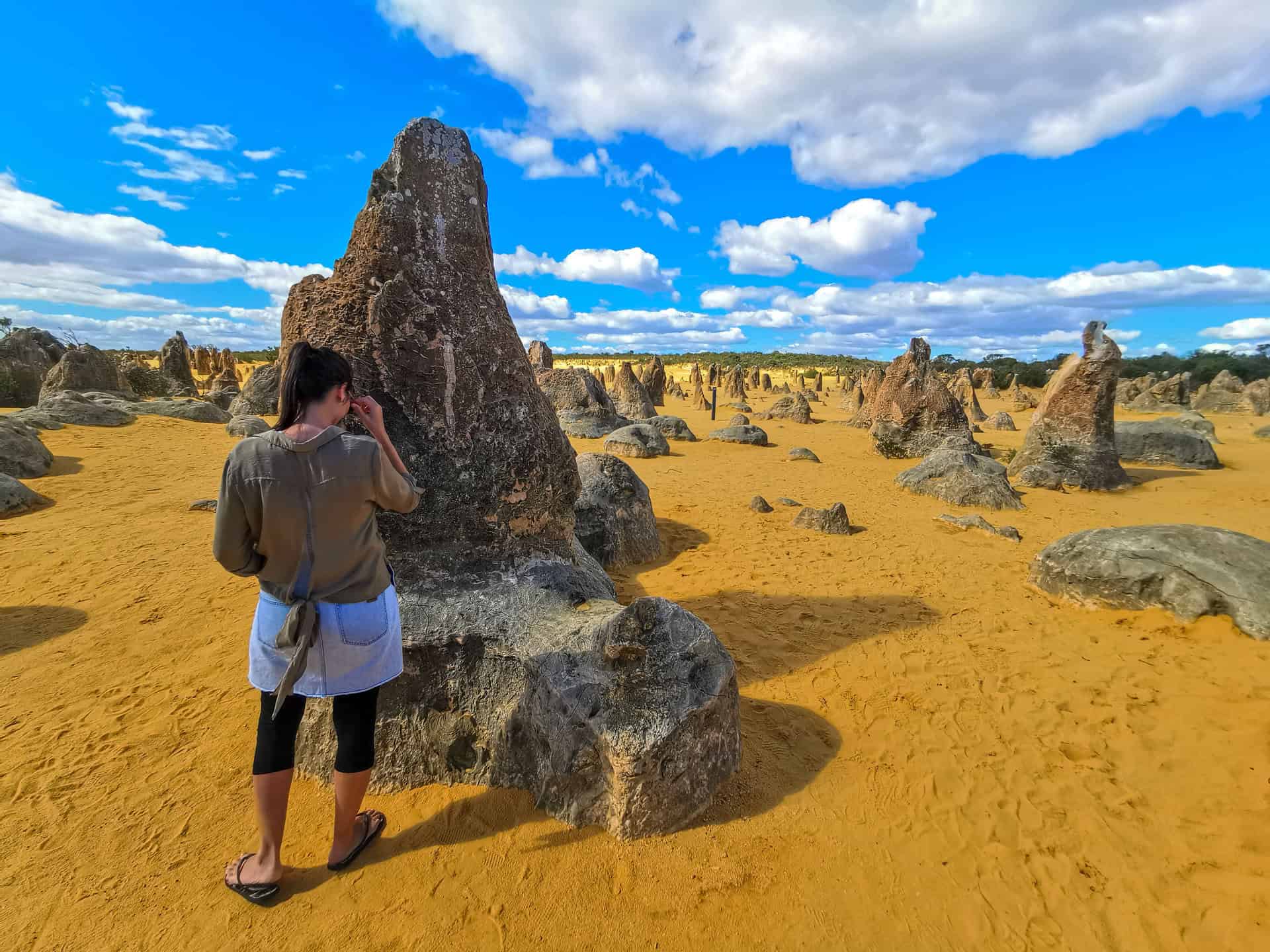 Pointy limestone formations at The Pinnacles Desert in Cervantes, Western Australia