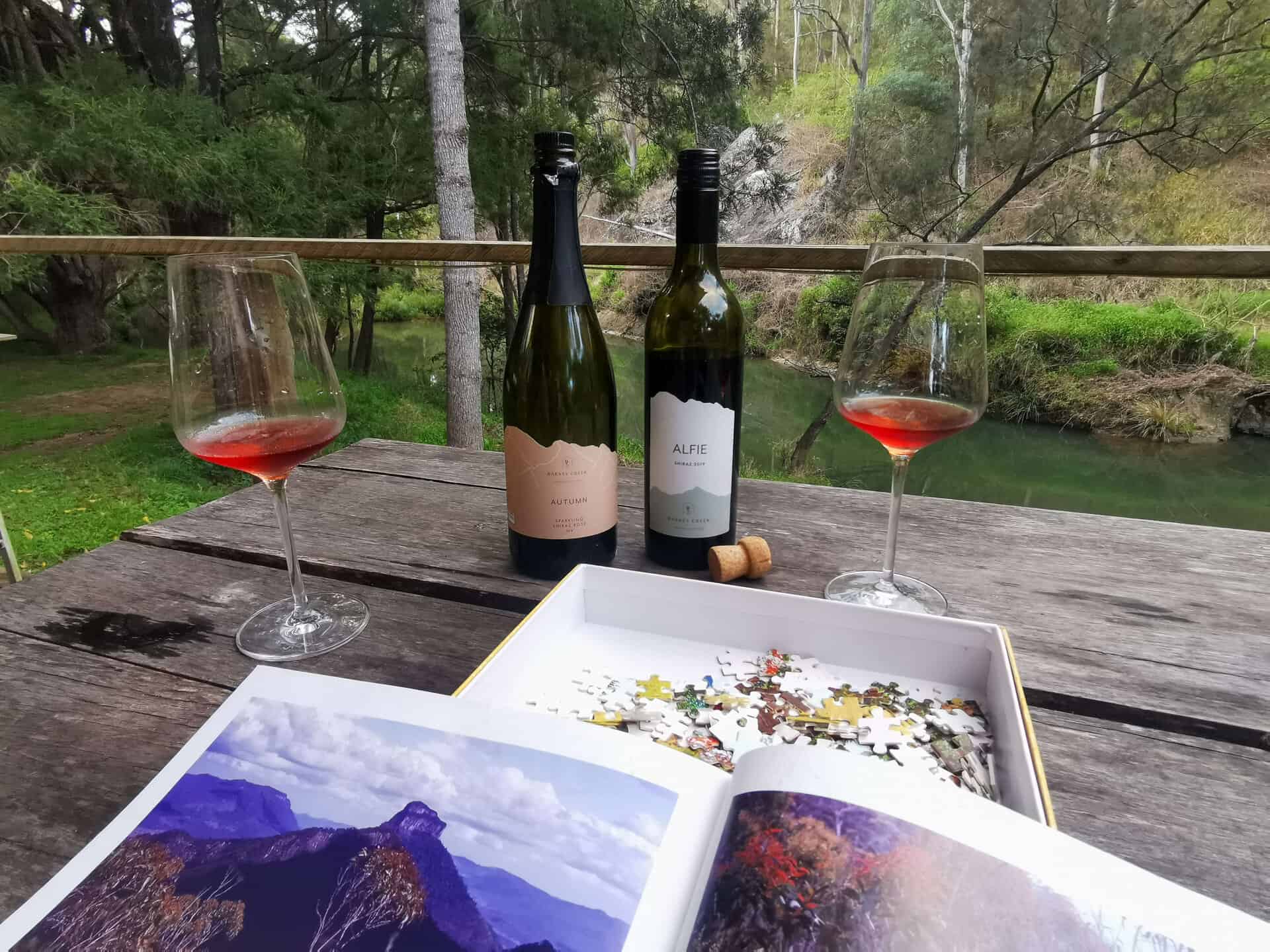 Drinking wine at Barney Creek Vineyard Cottages, Scenic Rim