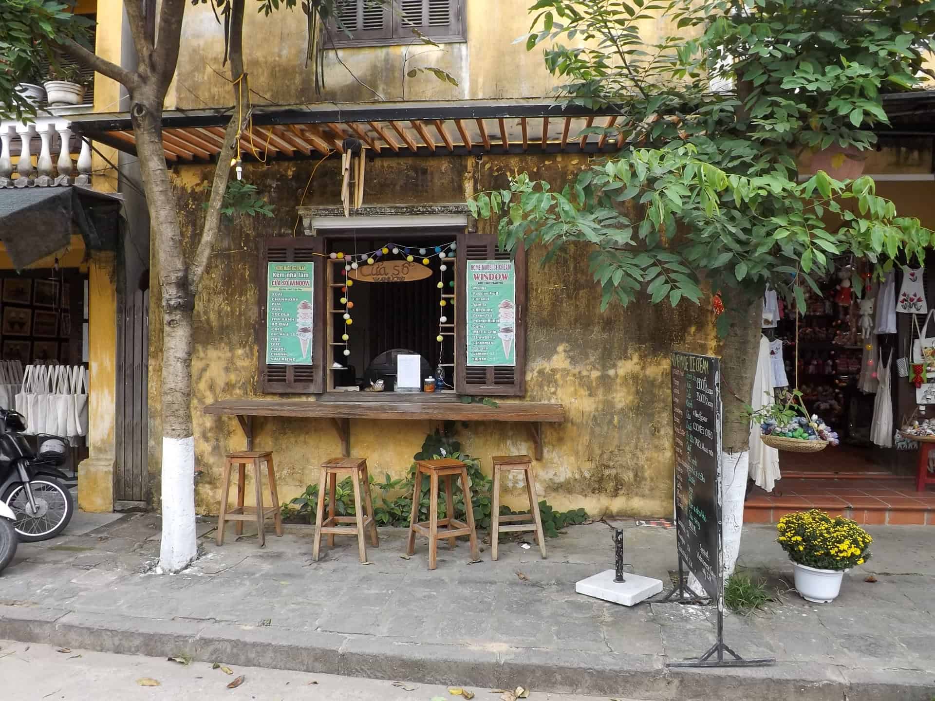 A ice cream shop in a historic building in Hội An, Vietnam