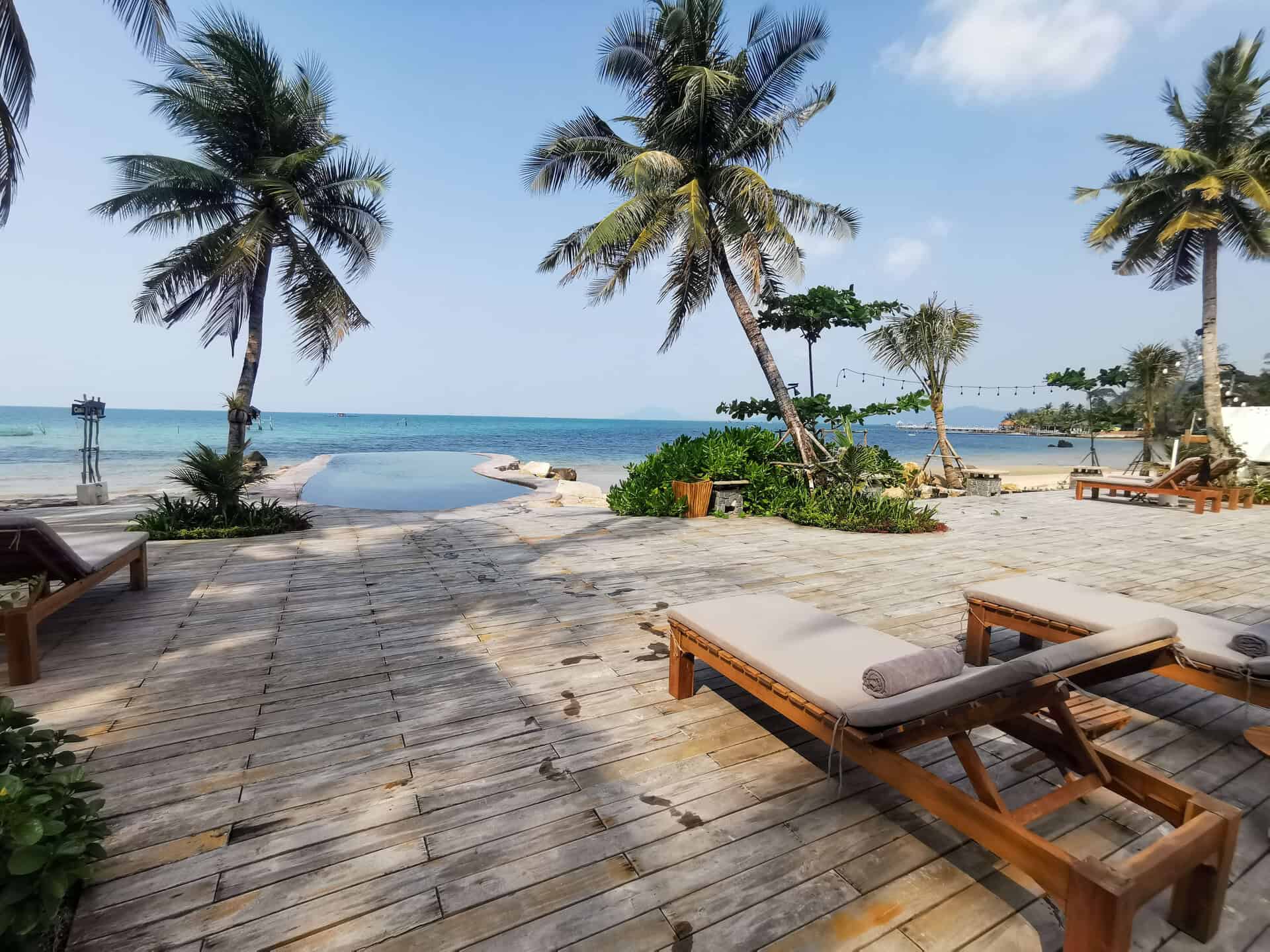 The lounge area and infinity pool at Casa D'Elysea Resort in Phu Quoc, Vietnam