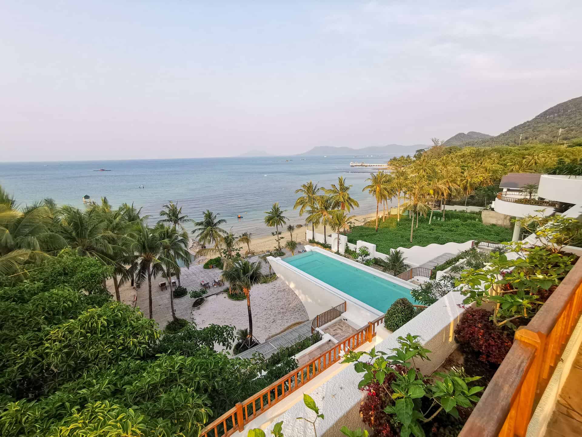 Birds eye view of the pool and beach at Casa D'Elysea Resort in Phu Quoc, Vietnam