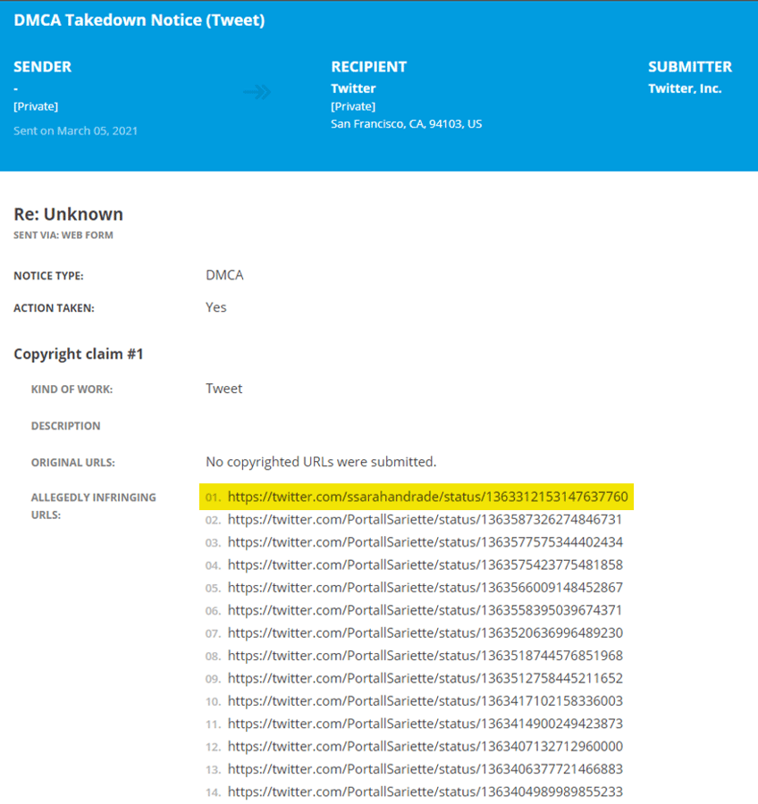 Denúncia sem remetente na qual aparece o perfil da participante Sarah Andrade.