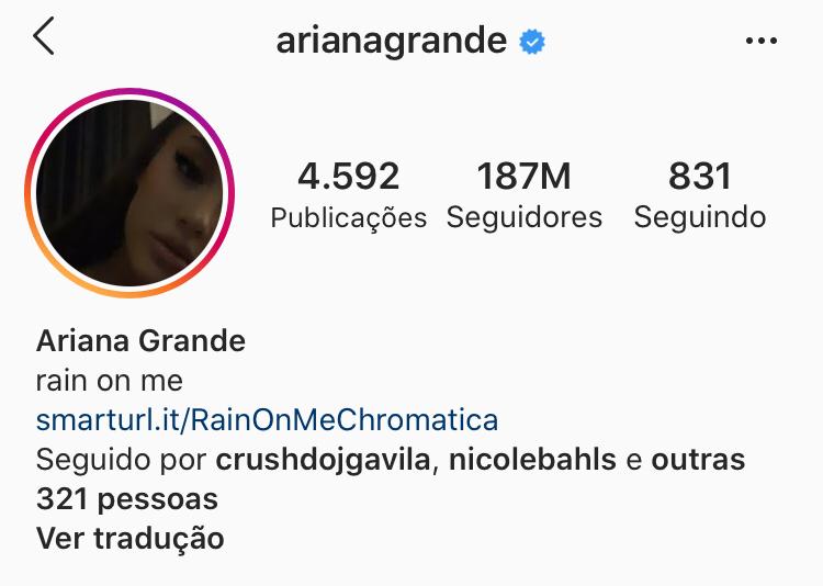 Ariana Grande é a mulher mais seguida no Instagram com total de 187 milhões