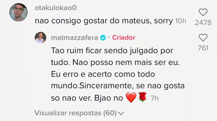 Comentário de Matheus Mazzafera em resposta a usuário. Foto: Reprodução/TikTok