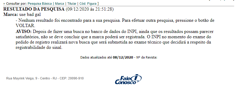 Consulta da marca “Use Bad Gal”, marca de Lorenna, não encontrada nos sistemas do INPI.