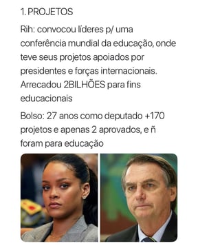 Como Rihanna consegue ajudar mais pessoas sendo artista do que Bolsonaro como presidente; compare