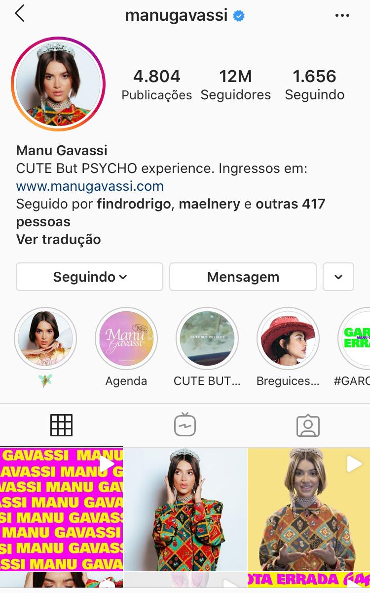 Manu Gavassi alcança a marca de 12 milhões de seguidores no Instagram