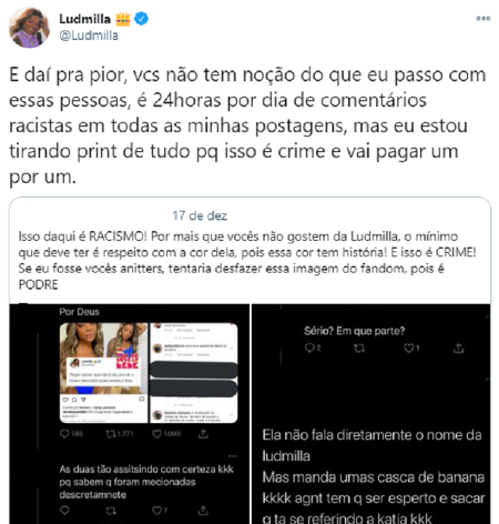 Ludmilla no Twitter em relação aos ataques que vem recebendo, publicação de momentos antes de desativar as suas contas.