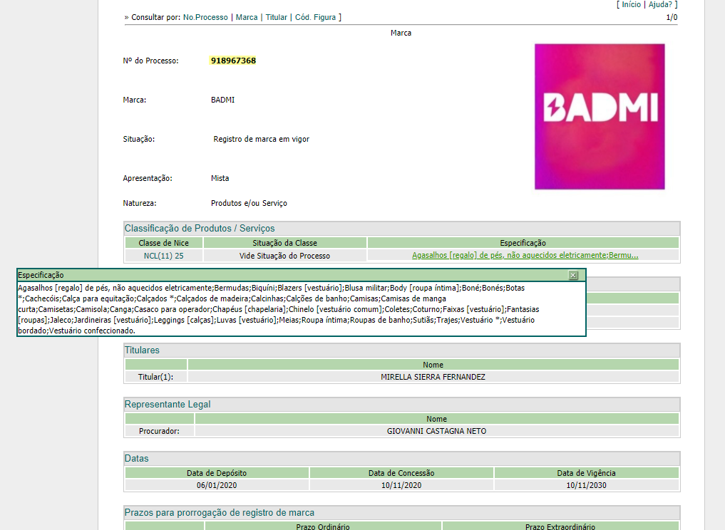 É possível encontrar os registros da marca “BadMi” no INPI creditados à Mirella.