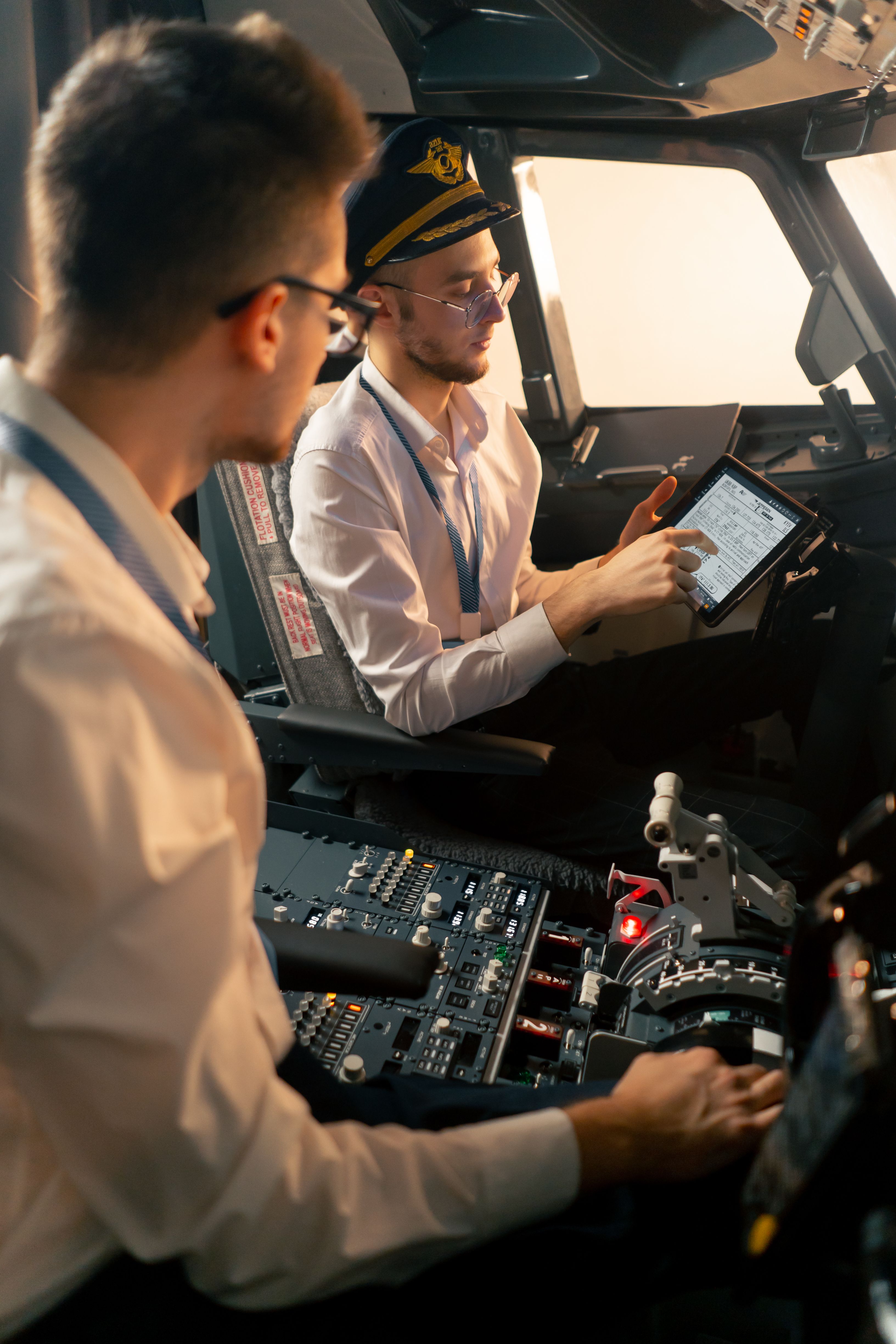 Two pilots discussing flight parameters in Boeing 737 simulator