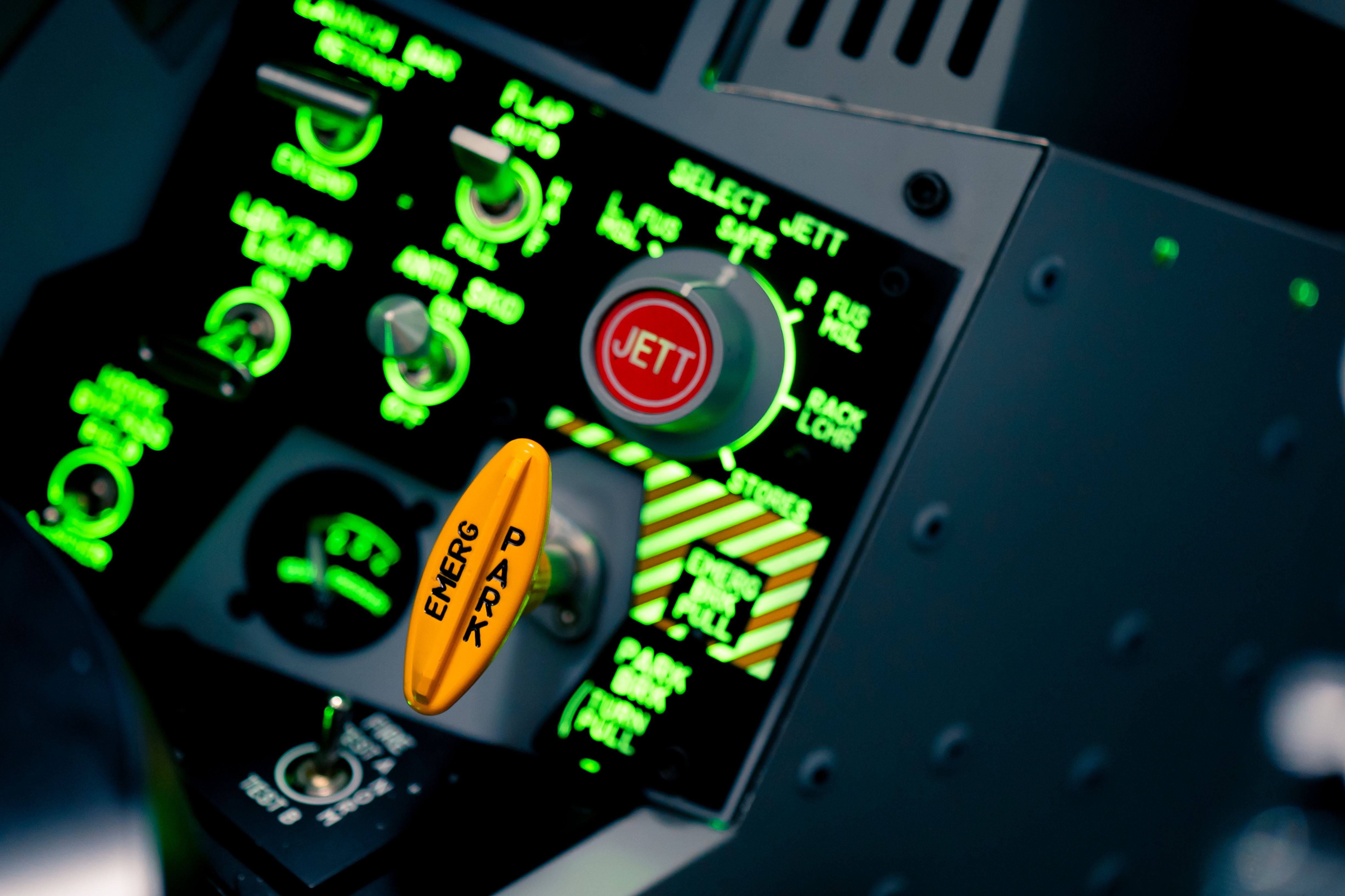 Emergency control buttons in F/A-18 Hornet simulator