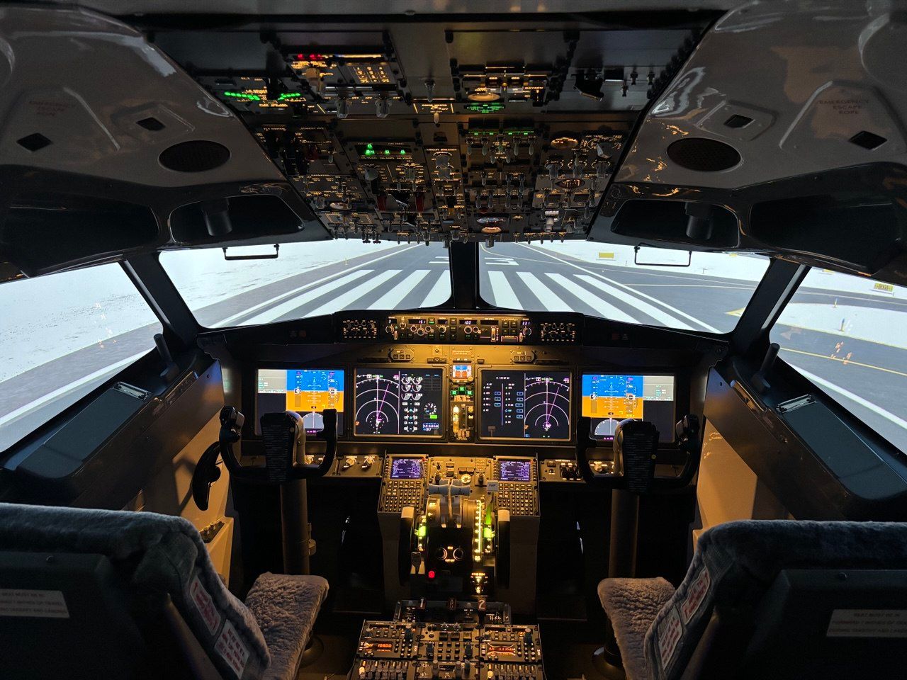Full view of Boeing 737 MAX flight simulator cockpit