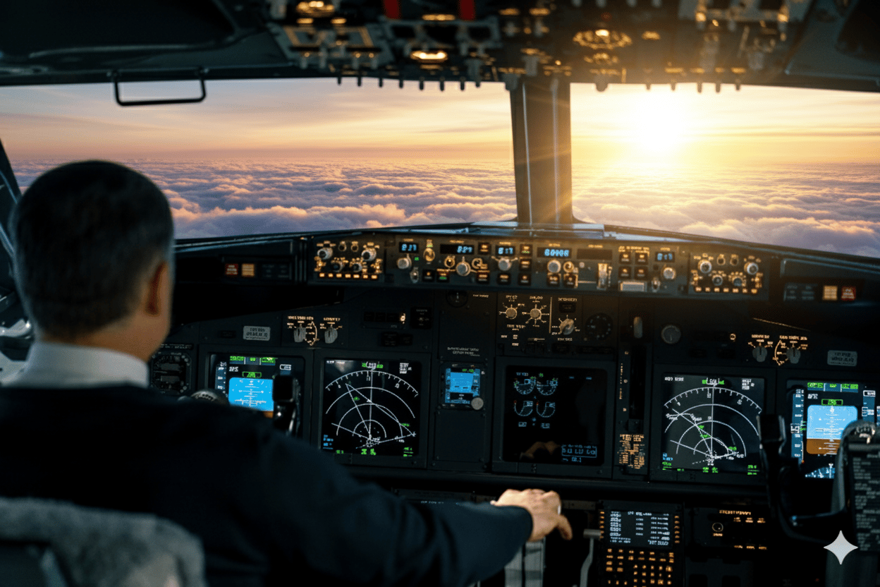 Sunrise sky view from WeFly Boeing 737 MAX simulator cockpit, Pasadena California