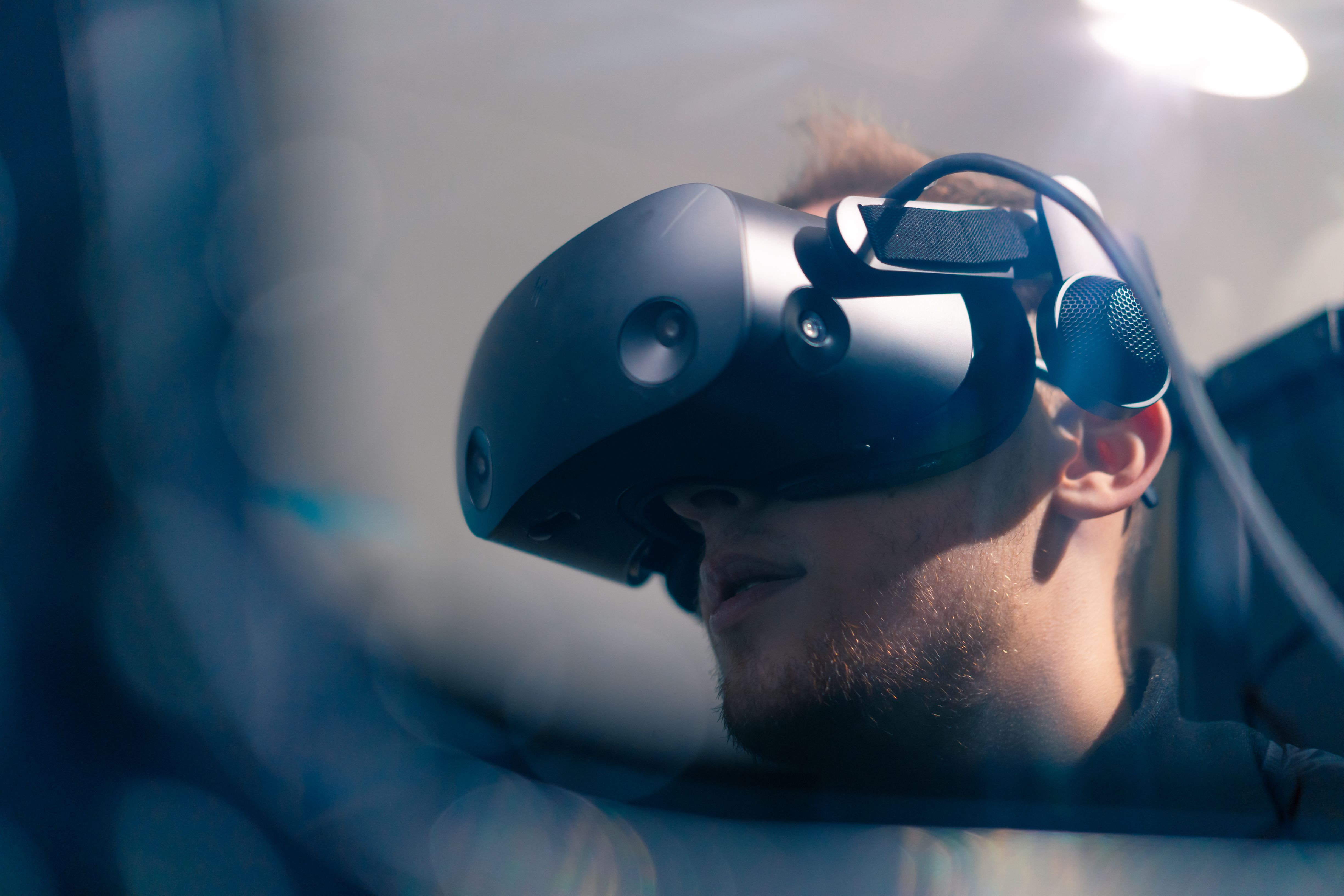 VR equipment setup for F/A-18 Hornet simulator experience