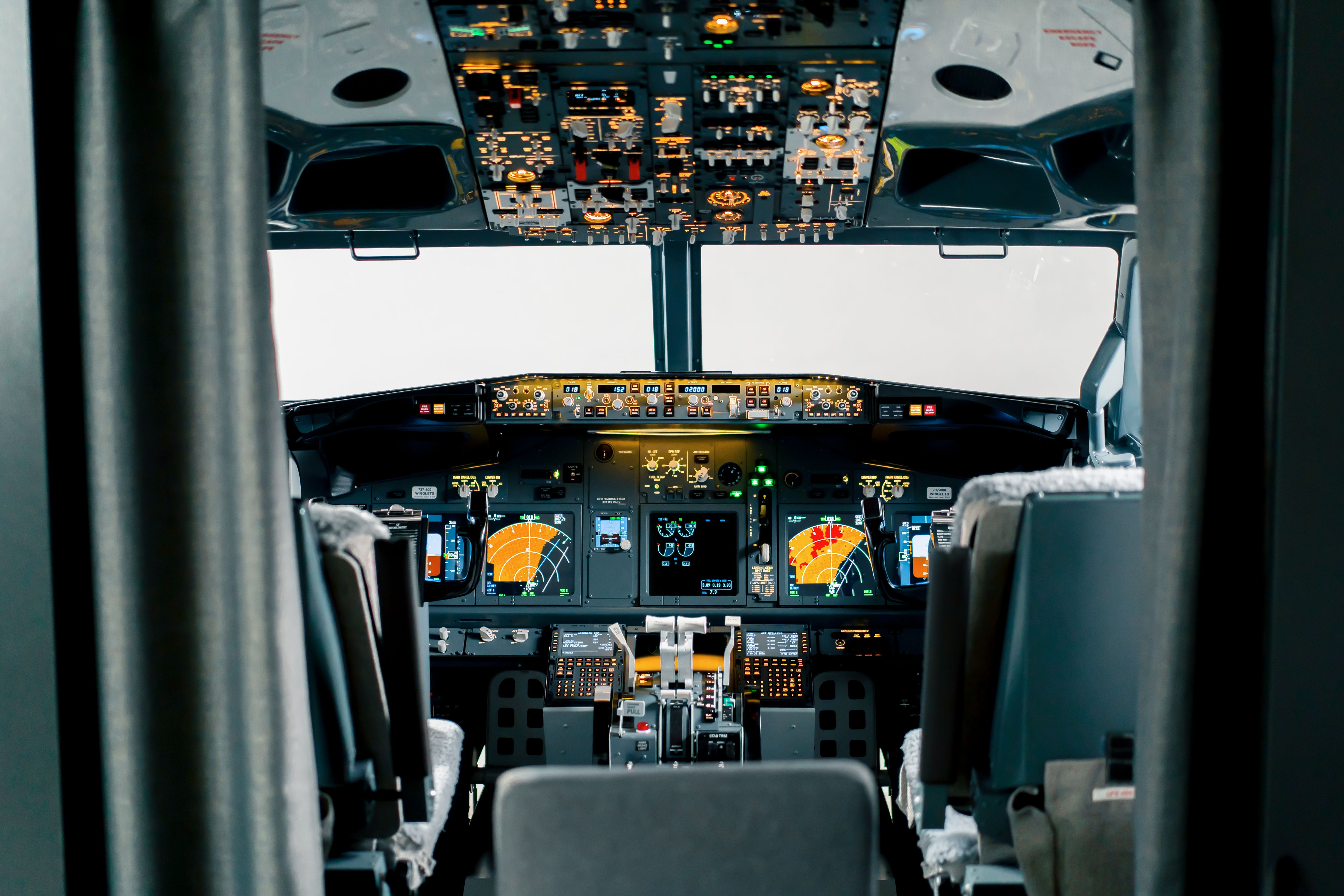 Wide panoramic view of Boeing 737 simulator cockpit