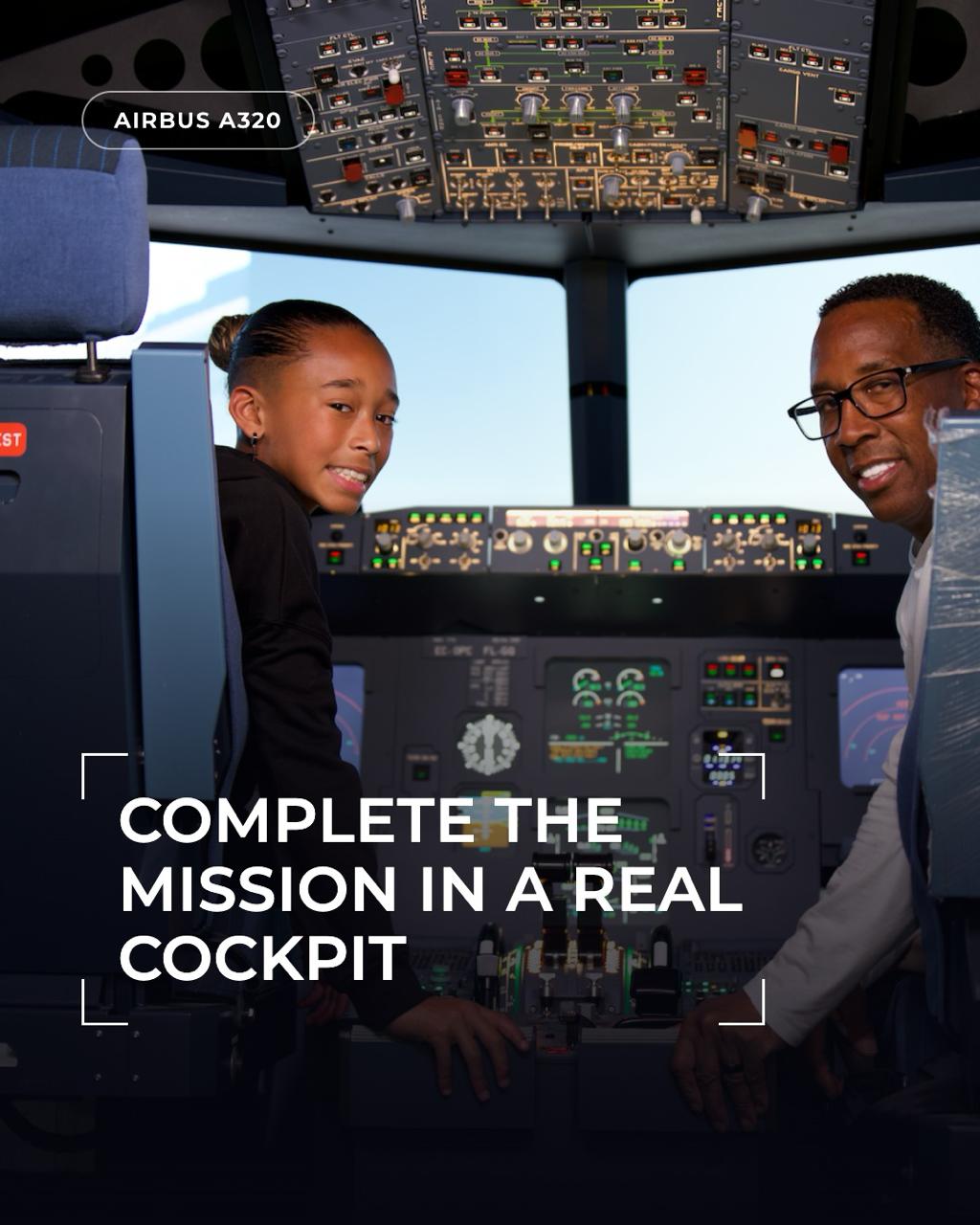 Young guest and instructor inside the Airbus A320 flight simulator cockpit at WeFly in Pasadena, California