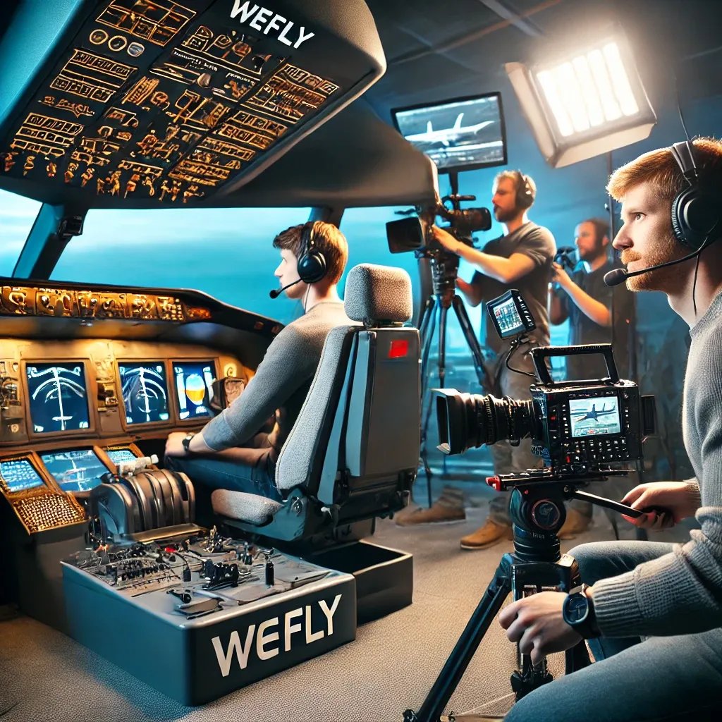 TV and media production filming at WeFly flight simulator in Pasadena, Los Angeles area