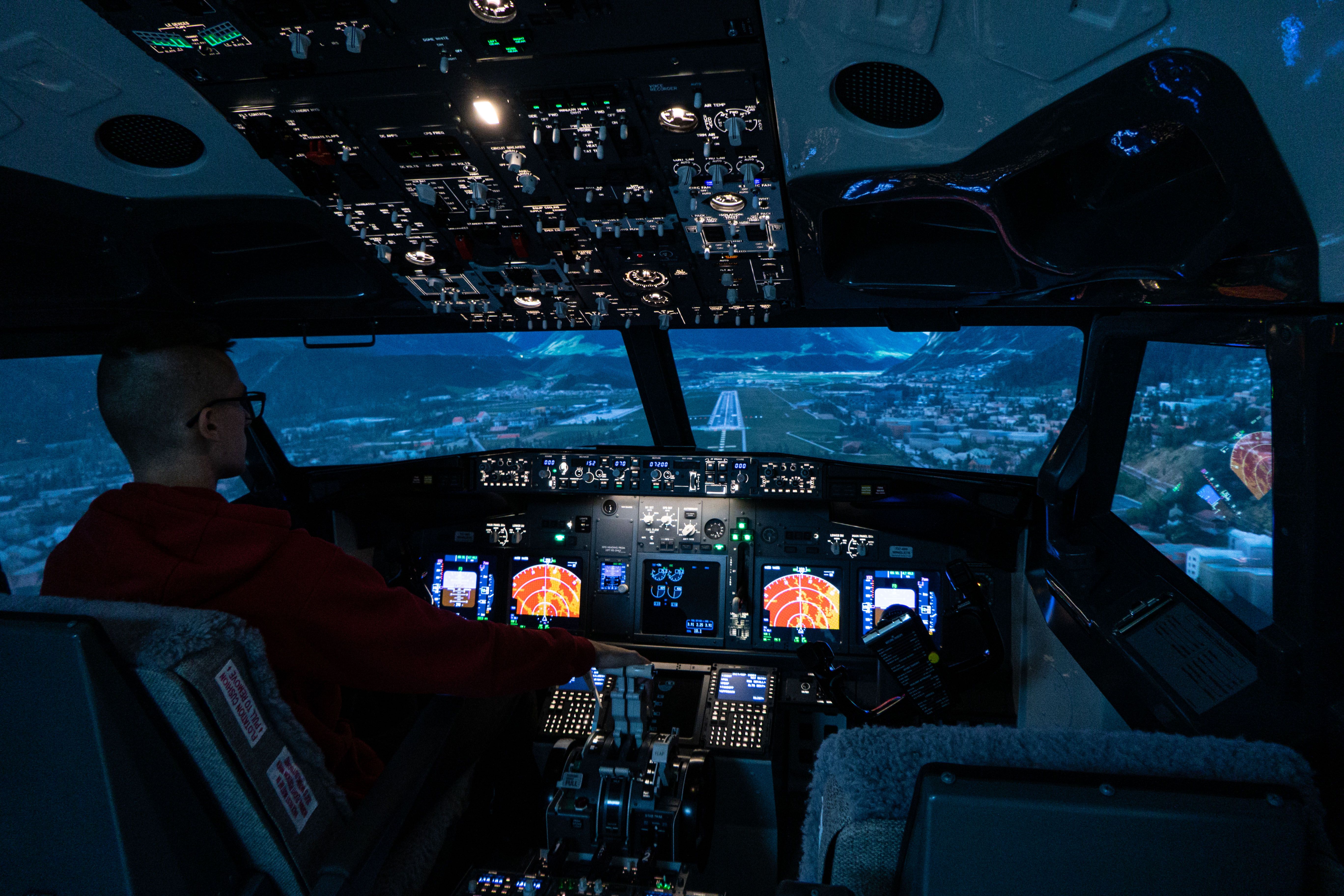 Overhead panel with active indicators in Boeing 737 simulator