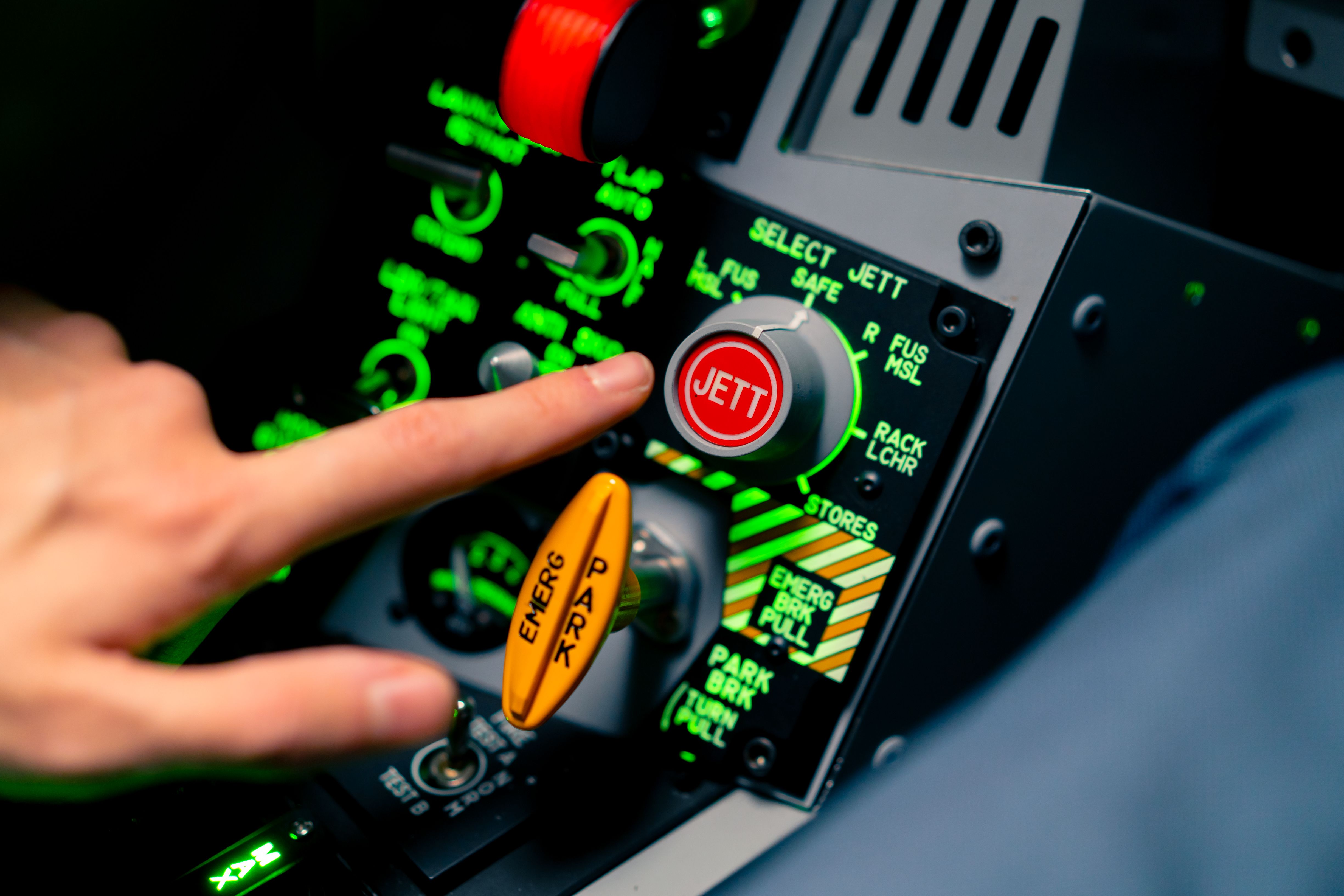 Emergency systems activation panel in F/A-18 Hornet simulator