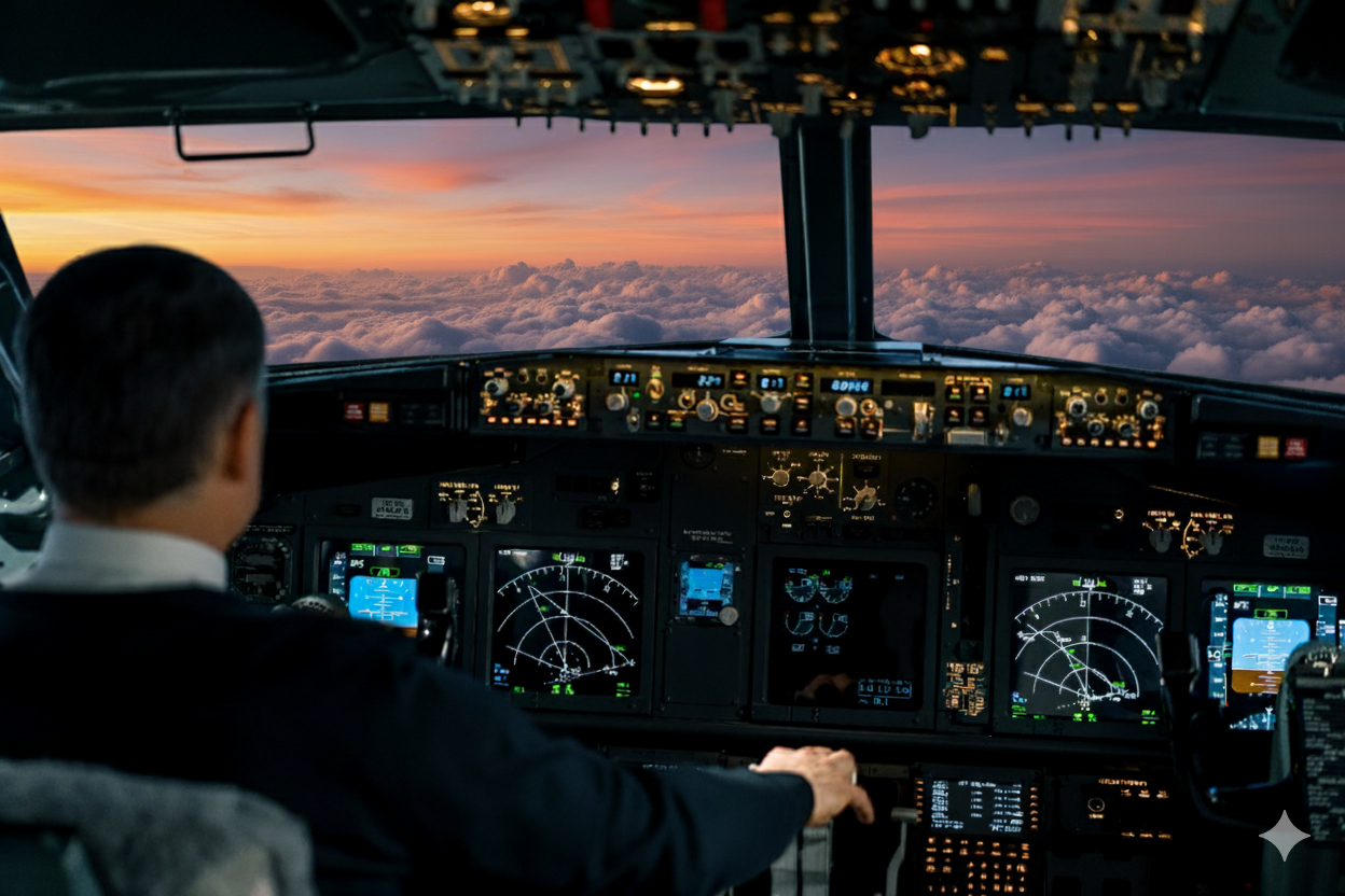 Beautiful sunset sky view from aircraft cockpit