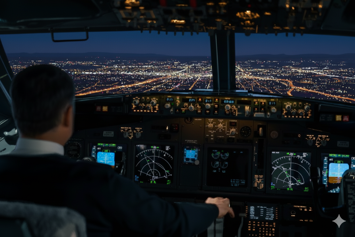 Night sky view with city lights from aircraft cockpit