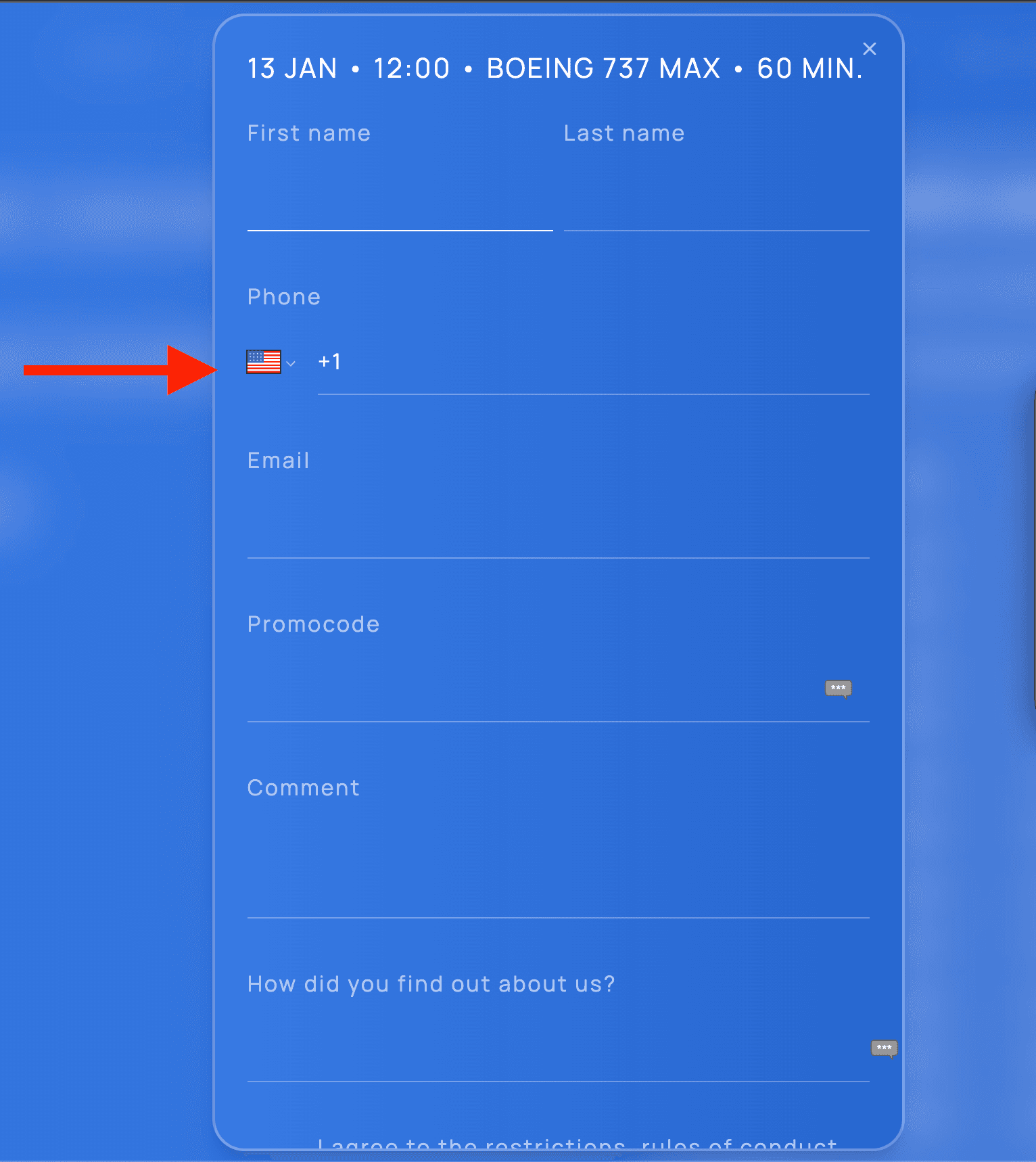 Highlighted the phone number field from booking form