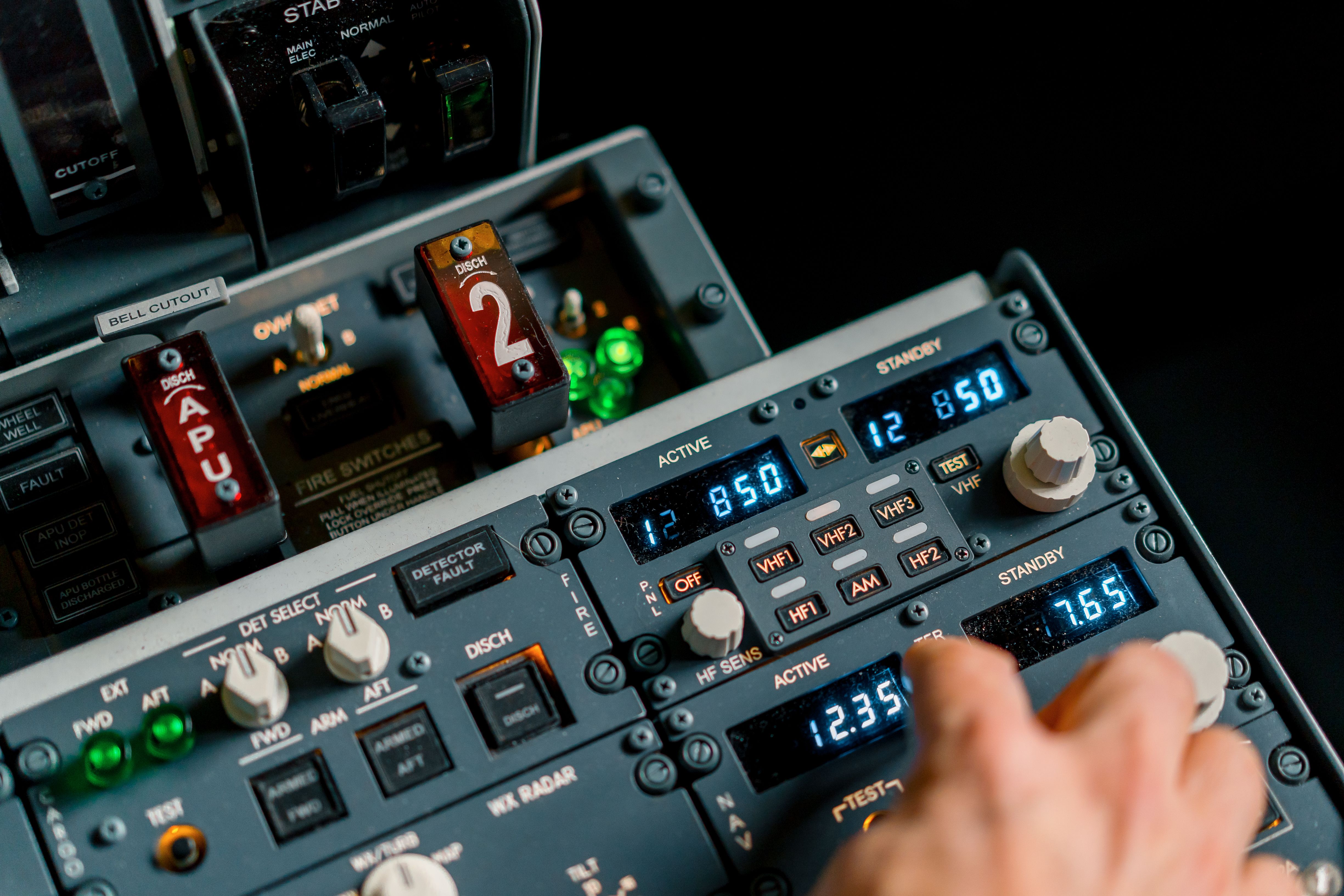 Radio systems control panel in Boeing 737 simulator