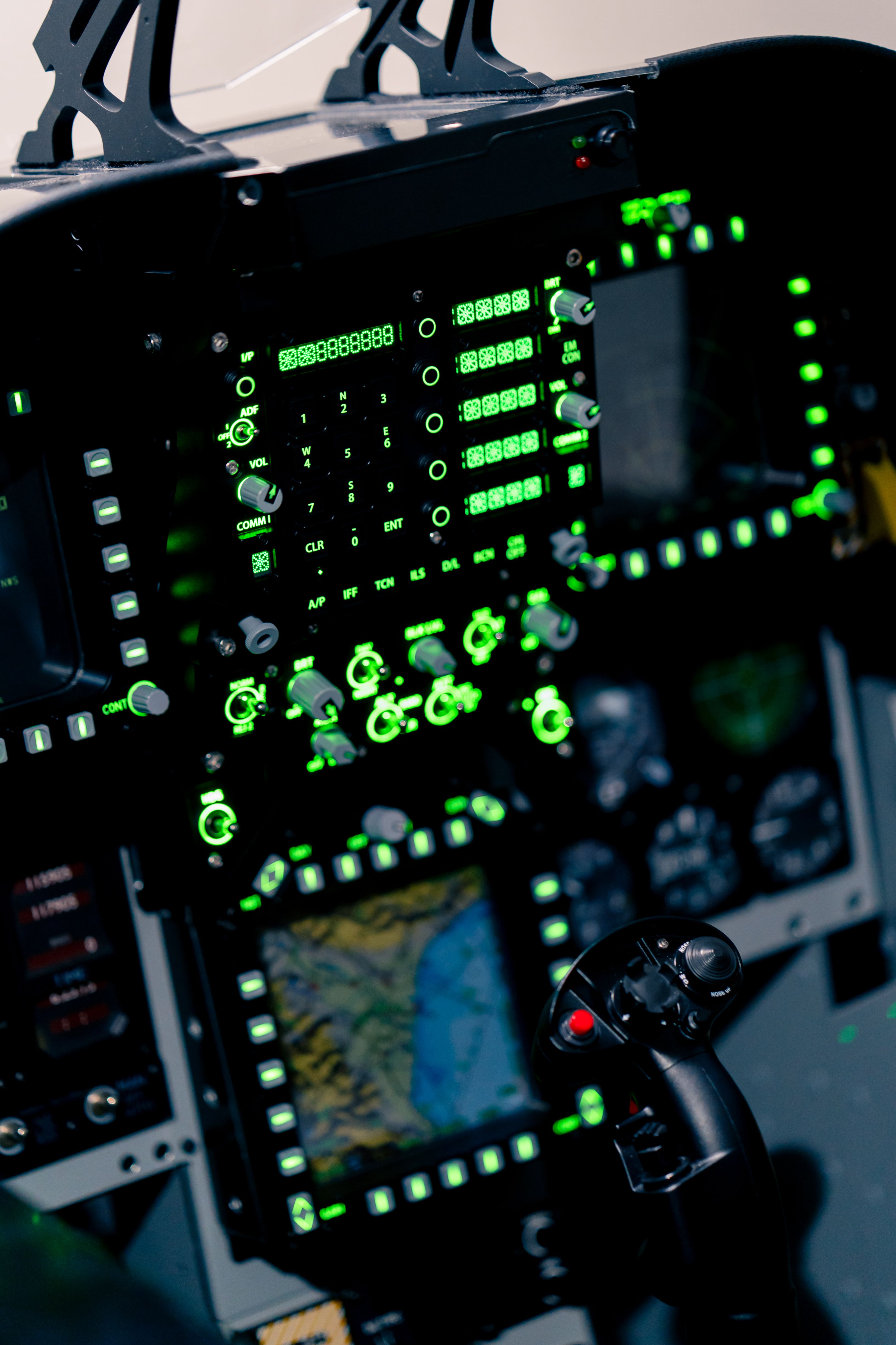 Illuminated cockpit instrument panel in F/A-18 Hornet simulator