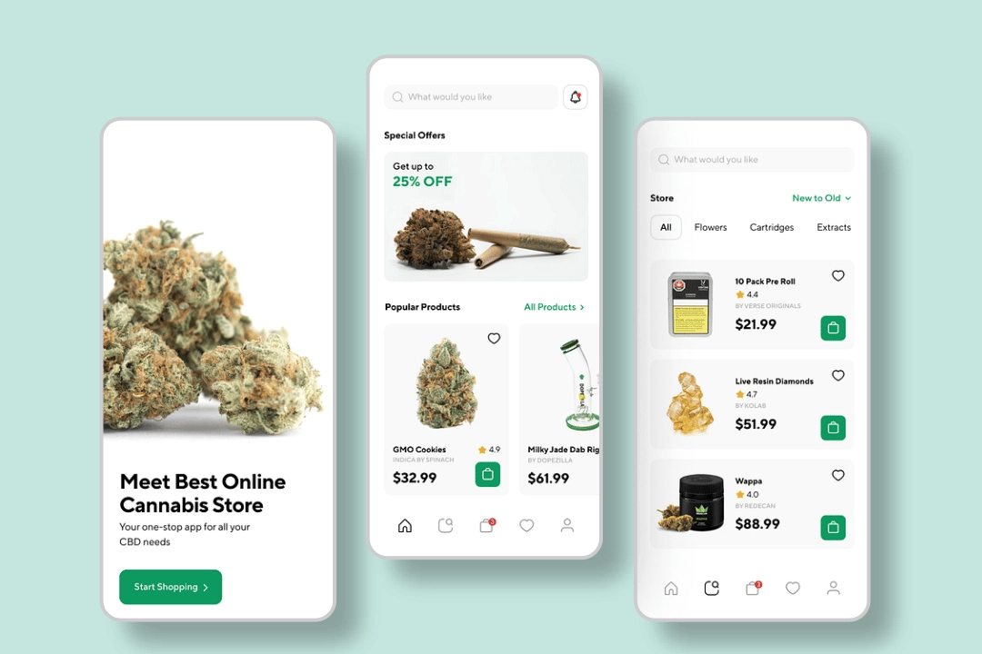 VFI Technology - Cannabis ecommerce content displayed on mobile oriented screens shots