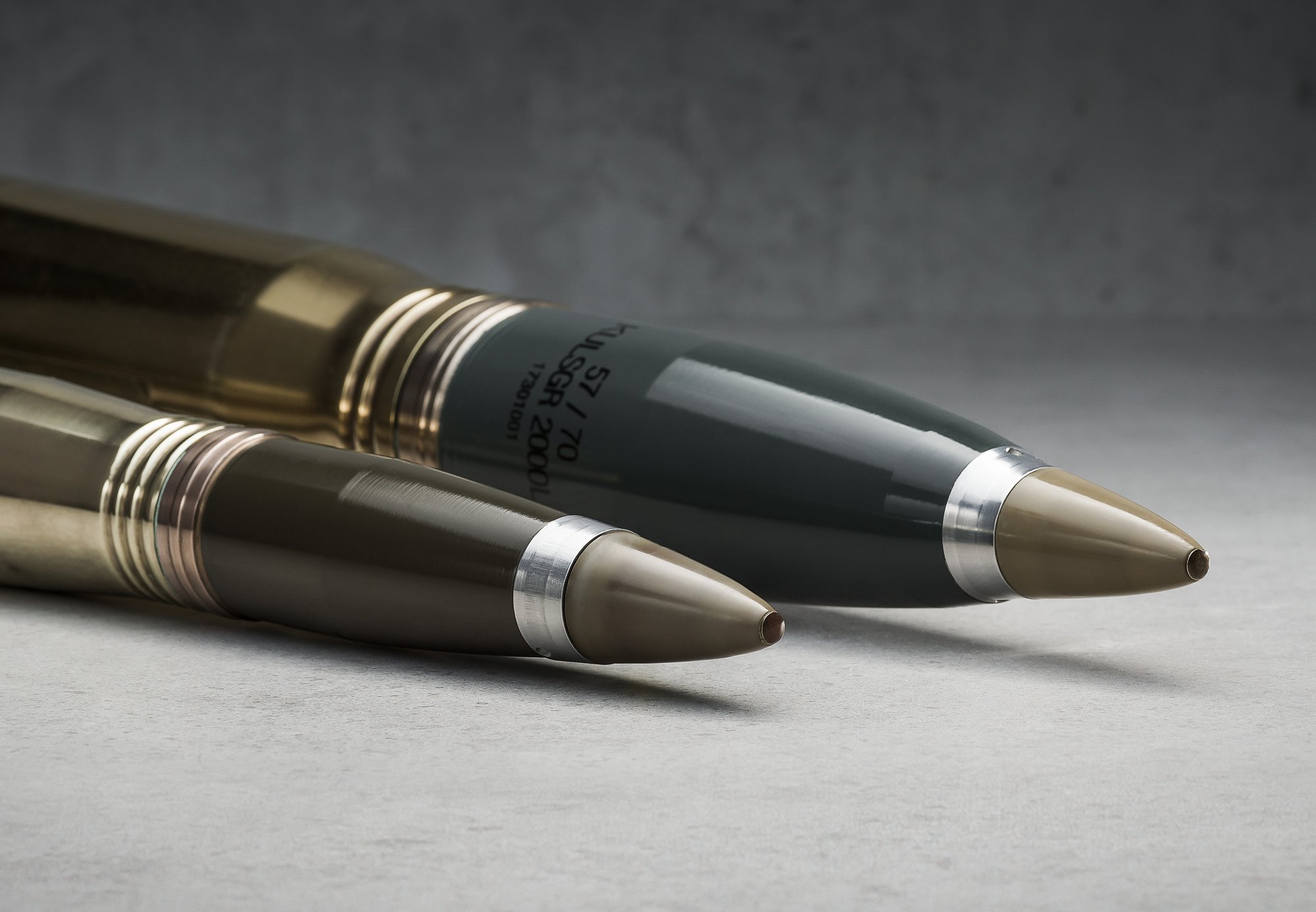 Bofors 40mm 3P programmable multi-purpose ammunition displayed against a neutral background.