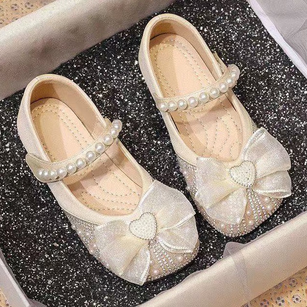 M131 Giày Búp Bê Công Chúa Bé Gái Đính Nơ Voan Trái Tim Ngọc Trai Êm Chân (Màu Hồng / Kem Trắng)
