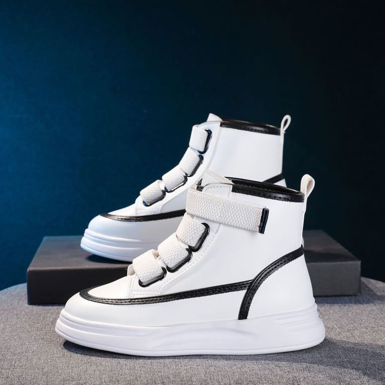 M003 Giày Boot Thể Thao Cổ Cao Trắng Viền Đen Bé Gái Cá Tính Hàn Quốc