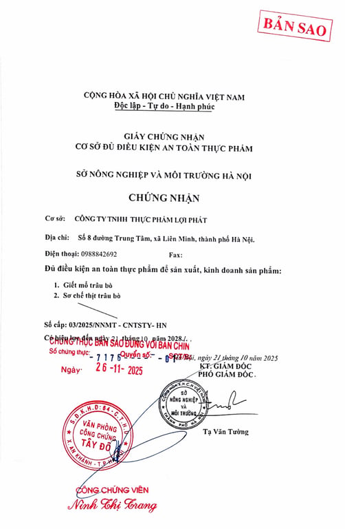Hồ sơ pháp lý CÔNG TY TNHH THỰC PHẨM LỢI PHÁT