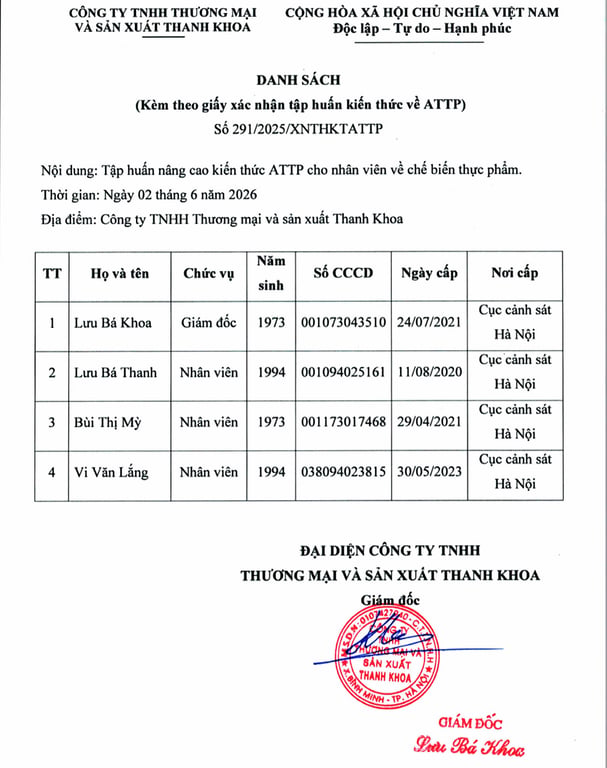 HỒ SƠ PHÁP LÝ CÔNG TY TNHH THƯƠNG MẠI VÀ SẢN XUẤT THANH KHOA