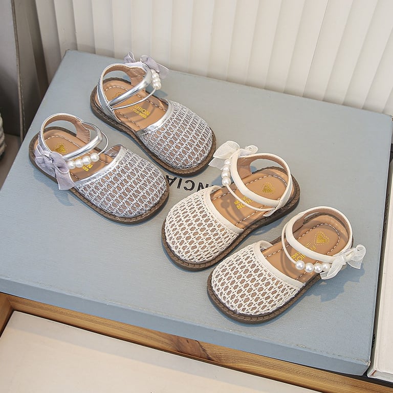 M187 Sandal Búp Bê Rổ Lưới Đính Ngọc Trai & Nơ Voan Cho Bé Gái (Size 26-34)