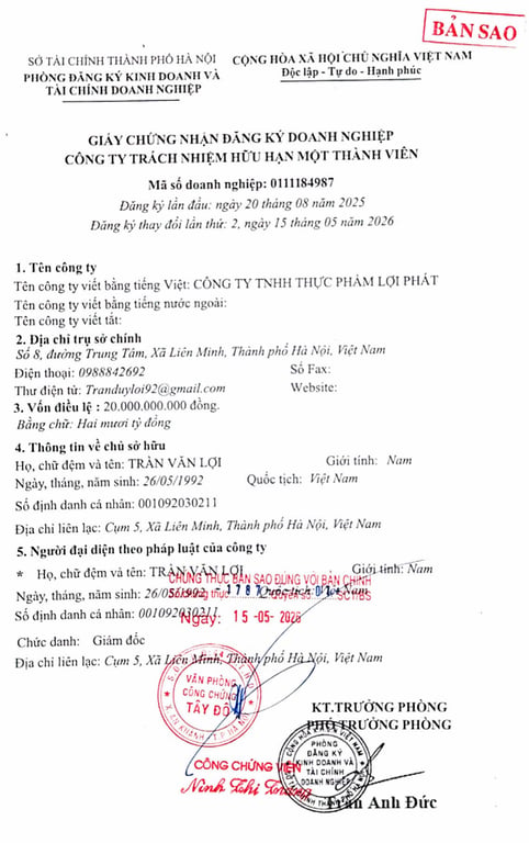 Hồ sơ pháp lý CÔNG TY TNHH THỰC PHẨM LỢI PHÁT