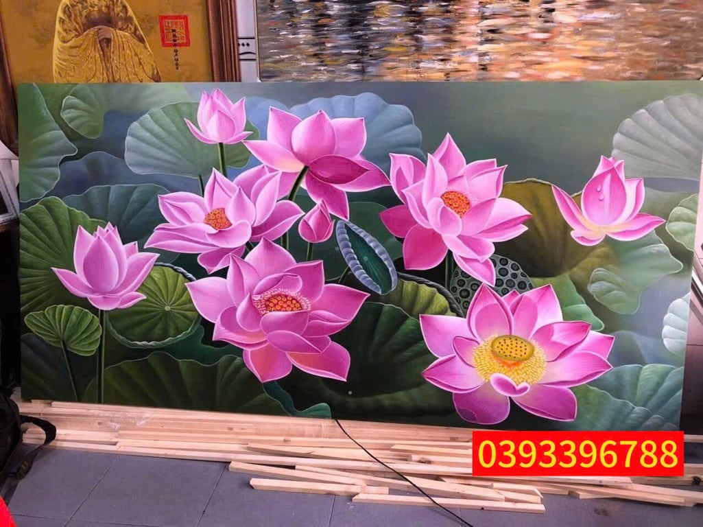 Tranh hoa sen - Tranh sơn dầu hoa sen đẹp vẽ tay cao cấp
