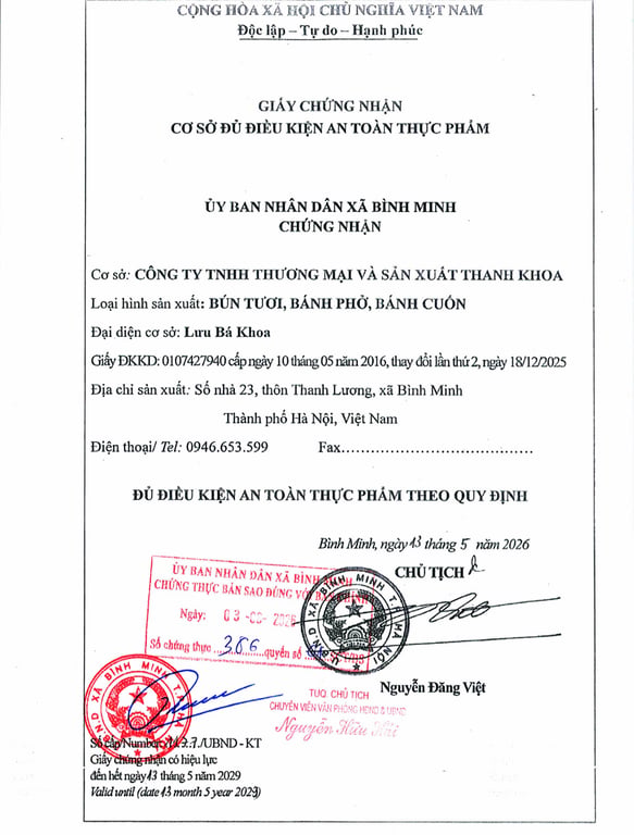 HỒ SƠ PHÁP LÝ CÔNG TY TNHH THƯƠNG MẠI VÀ SẢN XUẤT THANH KHOA