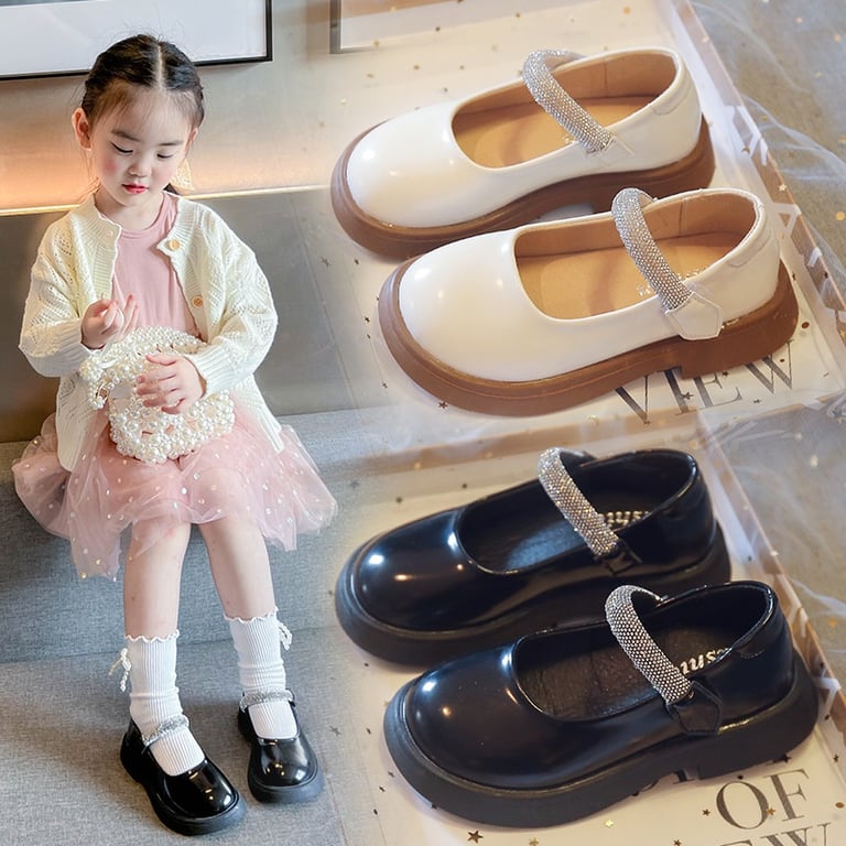 M105 Giày Búp Bê Công Chúa Cho Bé Gái Quai Ngang Đính Đá Lấp Lánh Cực Sang Chảnh (Màu Đen Bóng / Trắng Kem)
