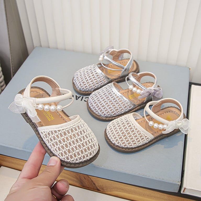 M187 Sandal Búp Bê Rổ Lưới Đính Ngọc Trai & Nơ Voan Cho Bé Gái (Size 26-34)