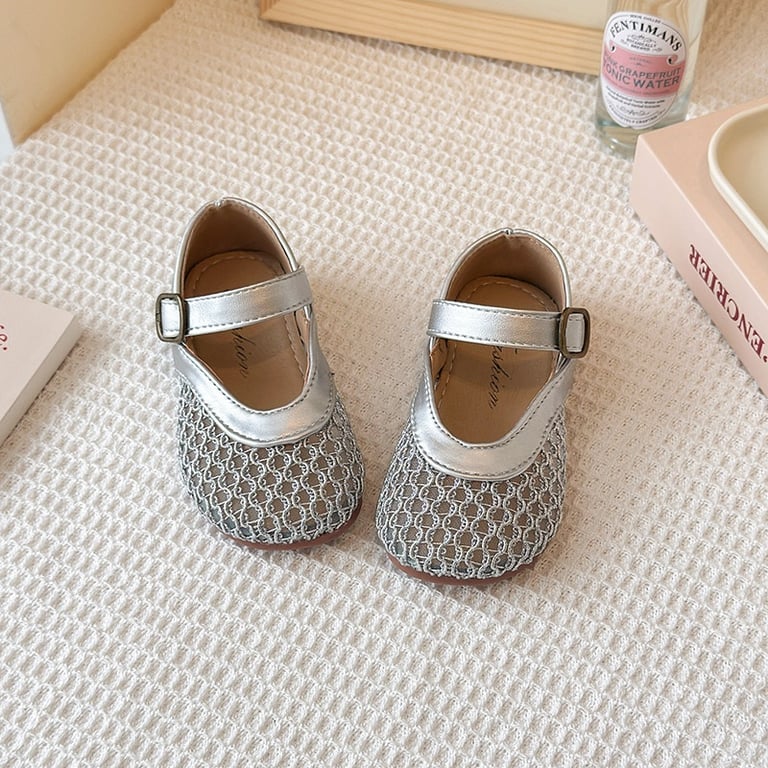 M191 Giày Búp Bê Lưới Cho Bé Gái Mũi Vuông Bo Tròn Da Mềm Êm Chân (Màu Kem / Bạc Ánh Kim)