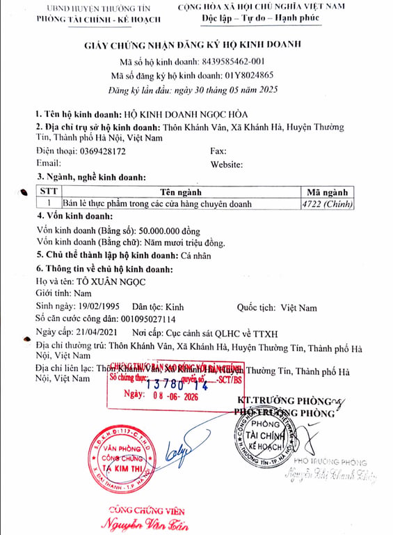 Hồ Sơ Pháp Lý HỘ KINH DOANH NGỌC HÒA