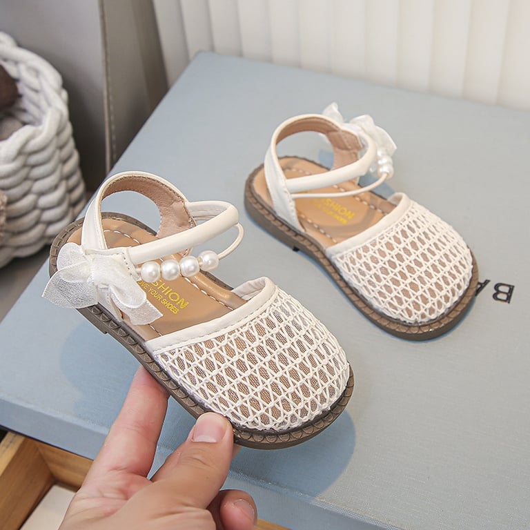 M187 Sandal Búp Bê Rổ Lưới Đính Ngọc Trai & Nơ Voan Cho Bé Gái (Size 26-34)