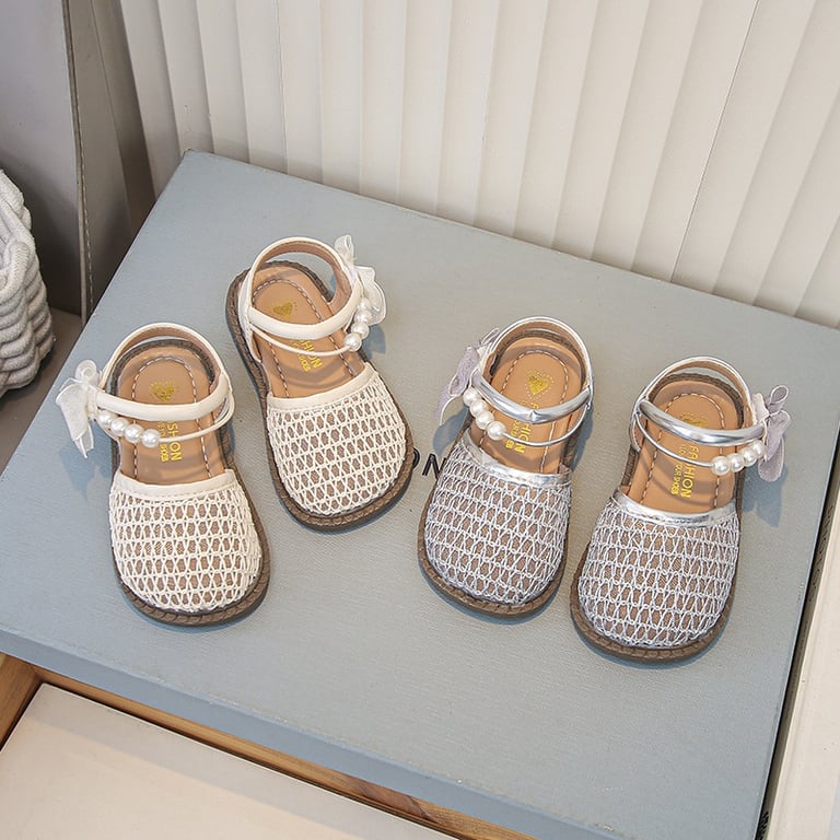 M187 Sandal Búp Bê Rổ Lưới Đính Ngọc Trai & Nơ Voan Cho Bé Gái (Size 26-34)