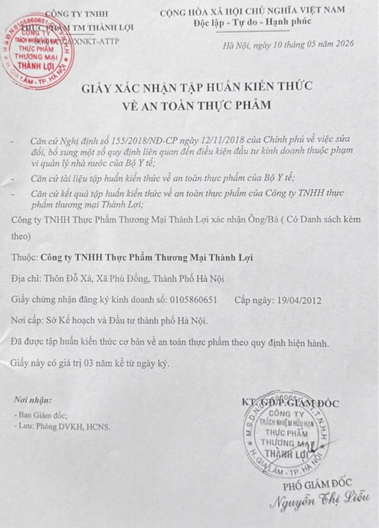 Hồ sơ pháp lý CÔNG TY TNHH THỰC PHẨM THƯƠNG MẠI THÀNH LỢI